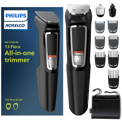 Philips Norelco Multi Groomer - 13 Piece Mens Grooming Kit for Beard, face, Nose, and Ear Hair Trimmer and Hair Clipper - NO Blade Oil Needed, MG3740/40