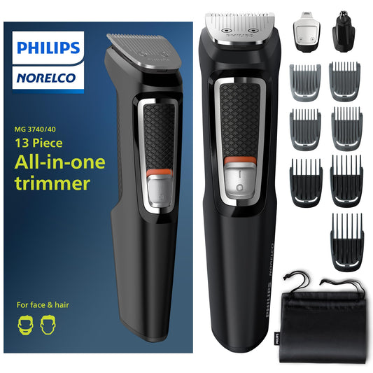 Philips Norelco Multi Groomer - 13 Piece Mens Grooming Kit for Beard, face, Nose, and Ear Hair Trimmer and Hair Clipper - NO Blade Oil Needed, MG3740/40