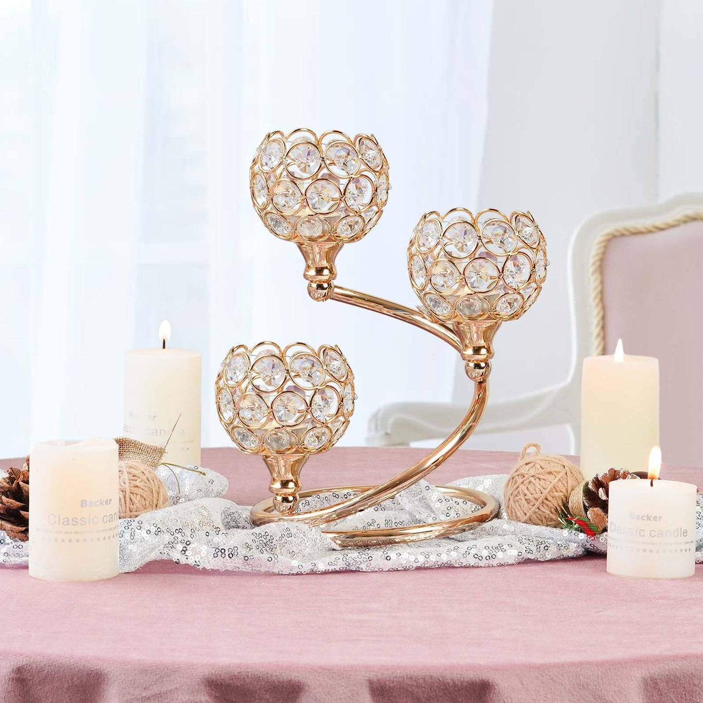 KEHAIL Metal Crystal Candle Holder Set of 2 - Elegant 3-Arm Metal Tea Light Centerpiece with Shining Crystal Bowl, Wedding Anniversary Table Decor for Dining, Party (Gold, 2 Pcs 3 Arm)