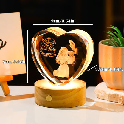 Arikyrist 3D Crystal First Holy Communion Gifts for Girls Women Crystal Heart Laser Engraving Communion Baptism Statue with Wooden Light Base Glass Religious Catholic Christian Decor