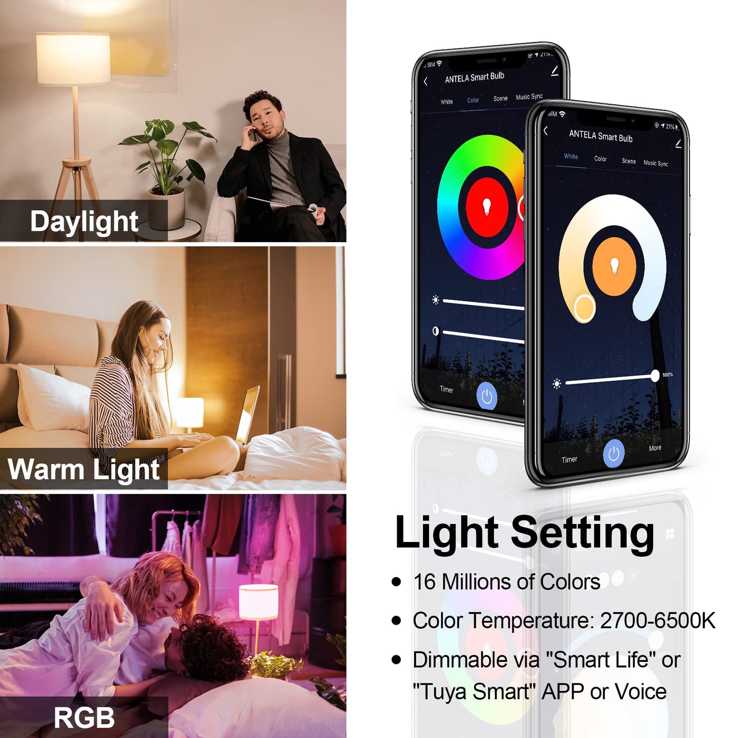 ANTELA Smart Bulb E27 A65 12W 1350LM Alexa WiFi Light Bulbs, 2700K-6500K RGB Dimmable Light, Compatible with Alexa/Google Home, 2 Packs