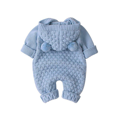 VICROAD Baby Hooded Knitted Rompers Newborn Girls Boys Onesies Warm Sweater Jumpsuit Outfits, Blue, 3-6 Months/66 cm