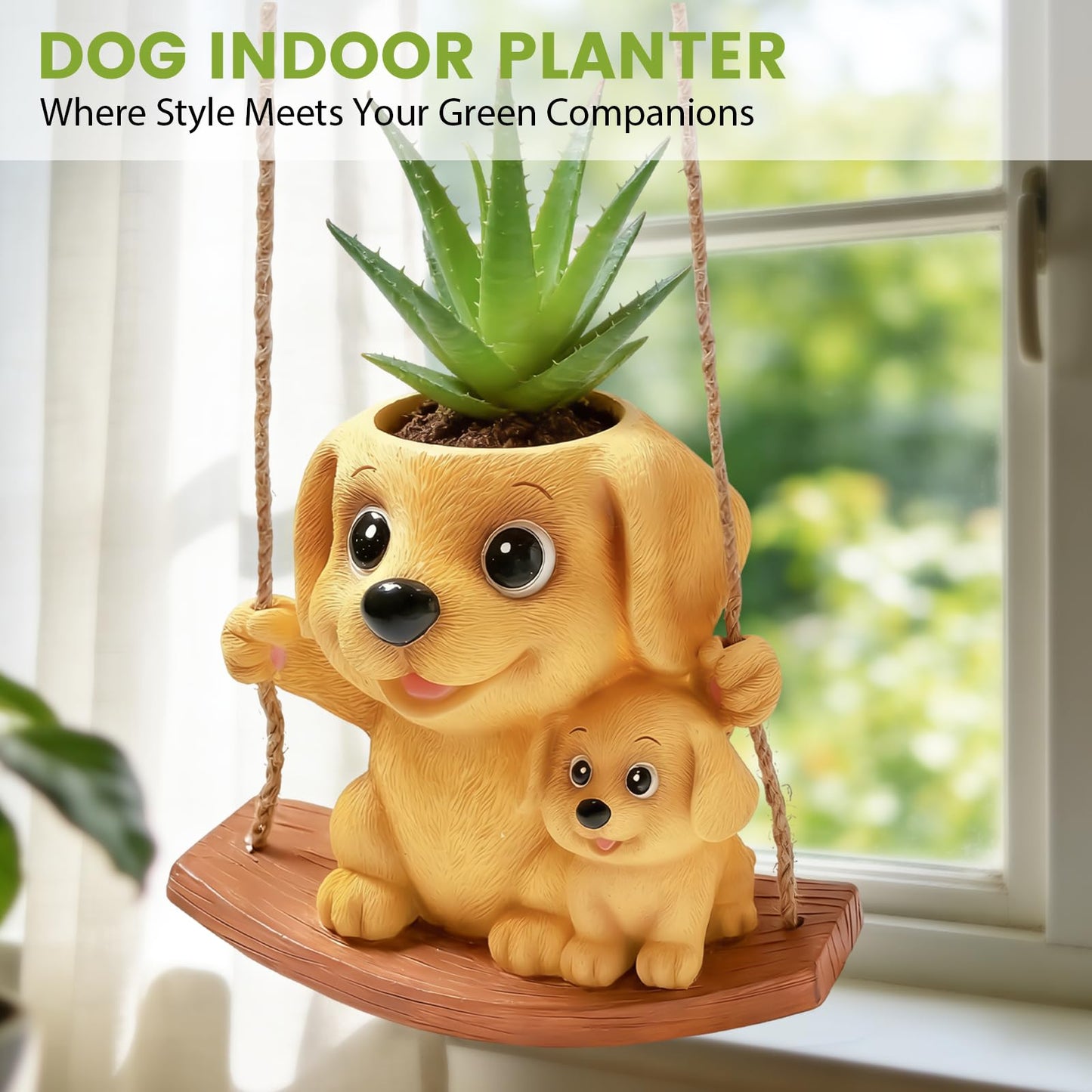 Pinkoriart Swing Dog Hanging Planters for Indoor Plants, Cute Small Succulent Pots with Drainage Hole, Unique Resin Plant Hangers Outdoor, Hanging Plant Holder for String of Pearls