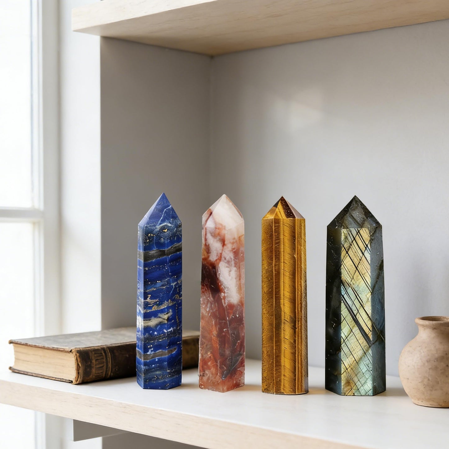 AierCrystal 4pcs Natural Crystal Point Wand Set,Hand-Finely Polished,Meditation Healing Purification,Full-Scenario Decoration Display for Home Office,Holiday Gifting(5-6cm Crysta Point Wand 4pcs)
