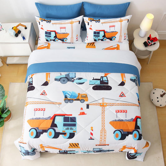 Jameswish 7 Pieces Boys Comforter Set Twin Size Excavator Bedding Set Cartoon Car Kids Bed in a Bag Construction Truck Bedding for Children Kids Boys Teens for Birthday Choice