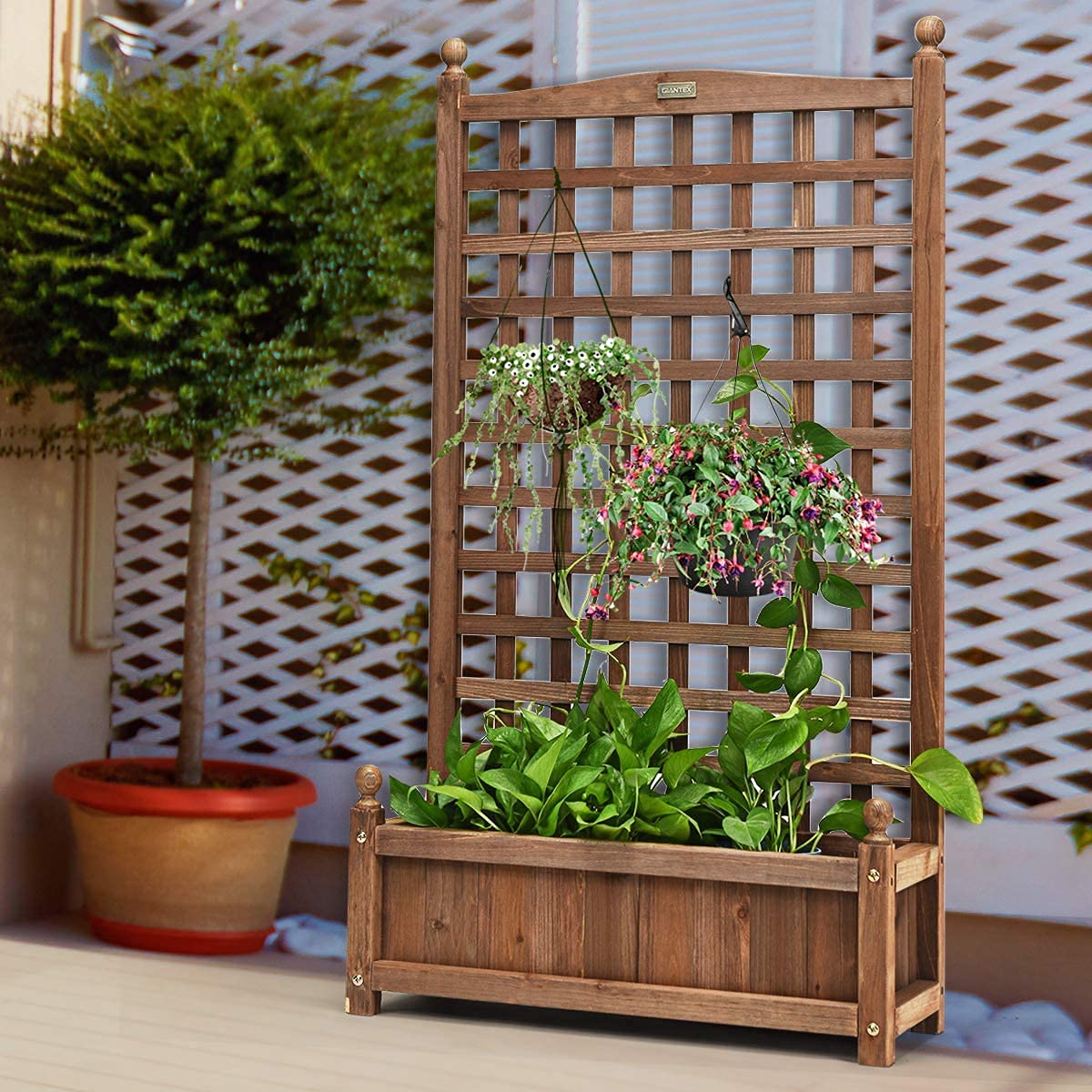 GRAFFY Wood Planter Raised Bed with Trellis, Outdoor Raised Garden Bed, Planter Box for Climbing Plants w/Drainage Holes, Free-Standing Raised Planter for Patio Garden Yard