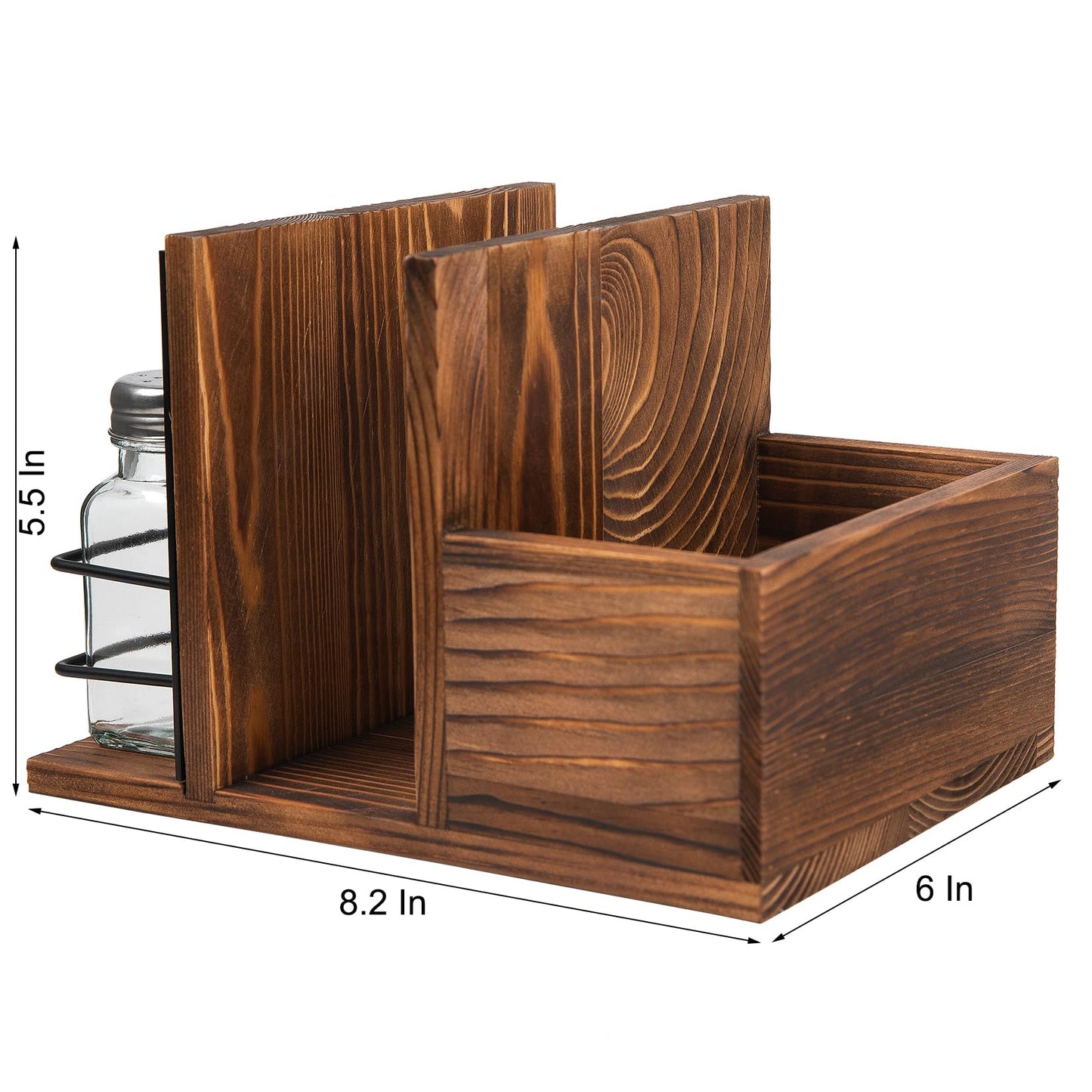 ExoLiry Rustic Burnt Wooden Kitchenware Organizer Napkin Utensil Spice Holders Table Seasoning Shakers Chalkboard Label Countertop Salt Pepper Caddy Wood Kitchen Dining Room Restaurant Café Home