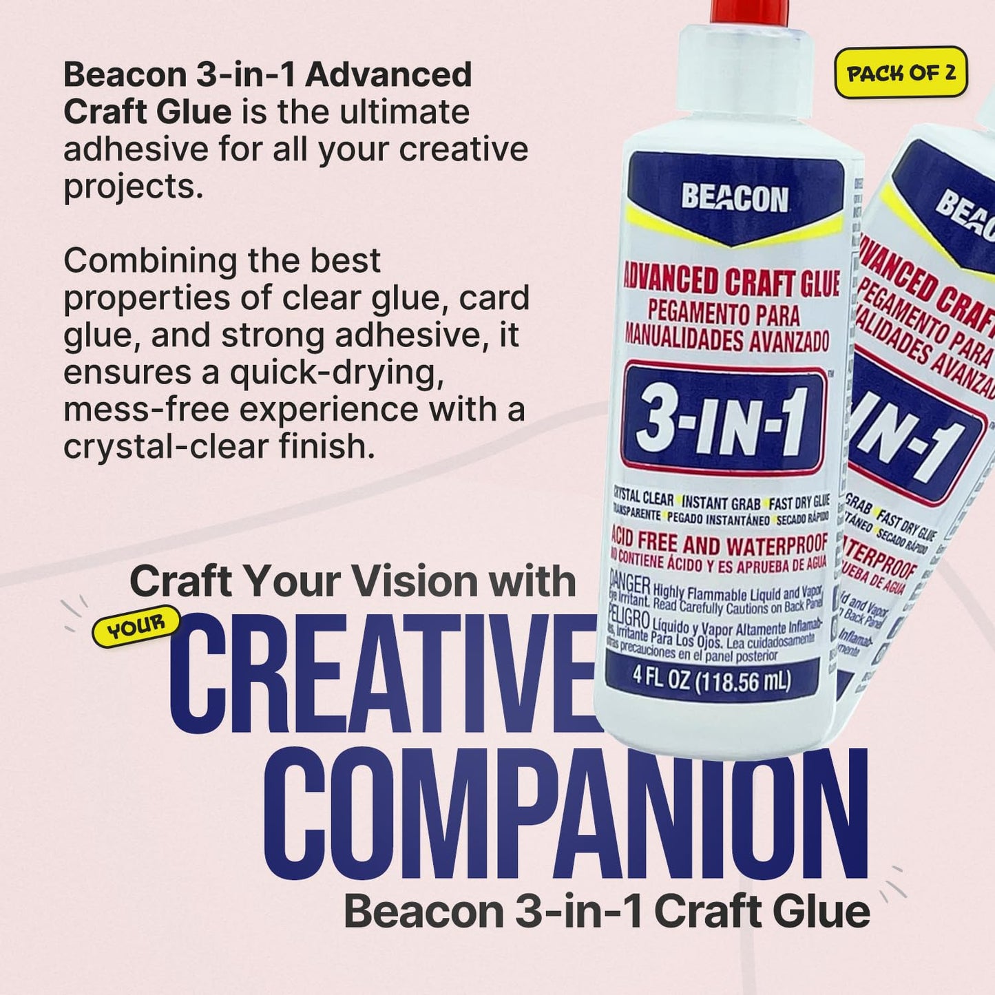 Beacon Adhesives 3-in-1 Advanced Craft Glue 118.56 ml, Dries Crystal Clear (Pack of 2)