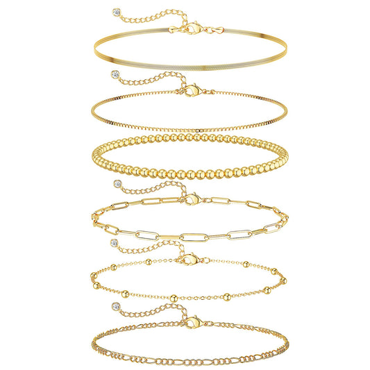 DEARMAY 14K Gold Plated Bracelets for Women, Jewelry Sets Trendy Dainty Stackable Paperclip Rope Snake Box Figaro Chain Bracelets Pack Costume Fashion Gifts