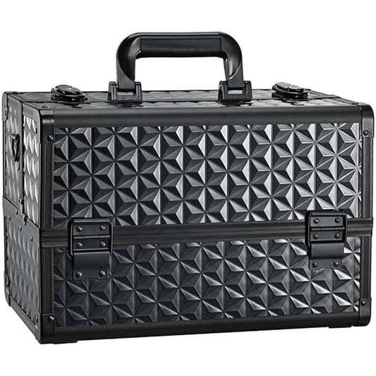 Joligrace Large Makeup Case Makeup Organiser Box Vanity Case Lockable Cosmetic Cases 4 Trays with Shoulder Strap Clasp, Black