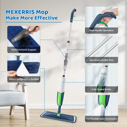 Spray Mops Microfiber Floor for Cleaning -MEXERRIS Wet Dust Mop with 2 Refillable Bottle and 5 Pads Hardwood Laminate Vinyl Ceramic Floors Cleaning, Green