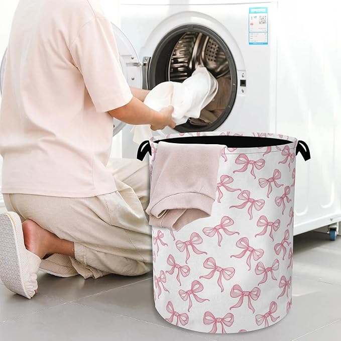 Cute Pink Bow Laundry Basket, Foldable Oxford Cloth Tote Bag Laundry Hamper