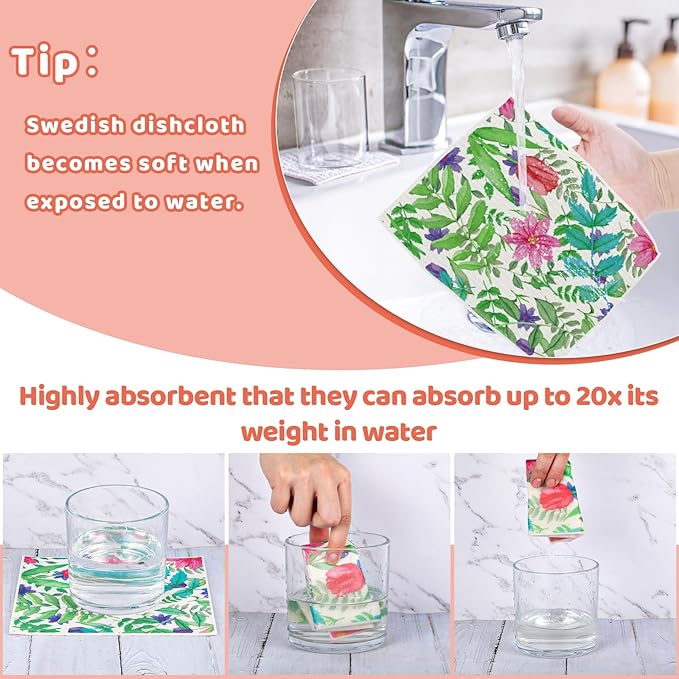 6 Pack Swedish Dishcloths for Kitchen, Swedish Rag Absorbent Spring Floral Dish