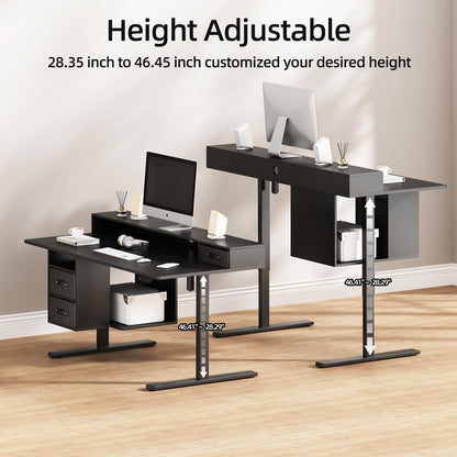 63x24 Inches Standing Desk with Drawers, Electric Computer Desk with Open Storage Shelf, Stand Up Desk, Adjustable Height 28-46 Inches for Home and Computer Workstation, Black