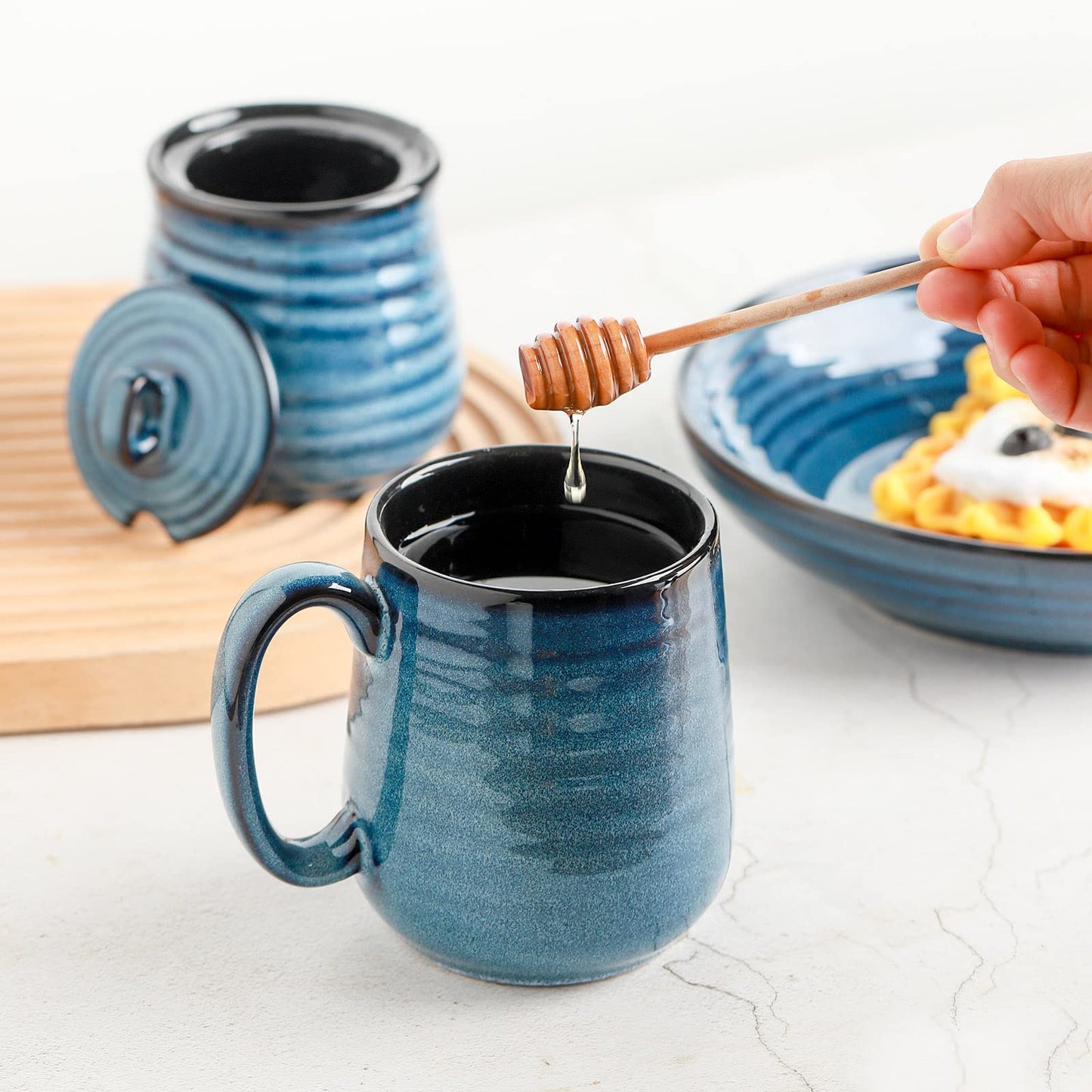 Hasense Cermaic Salt and Pepper Shakers and 12 Ounce Honey Jar, 3 PCS, Blue