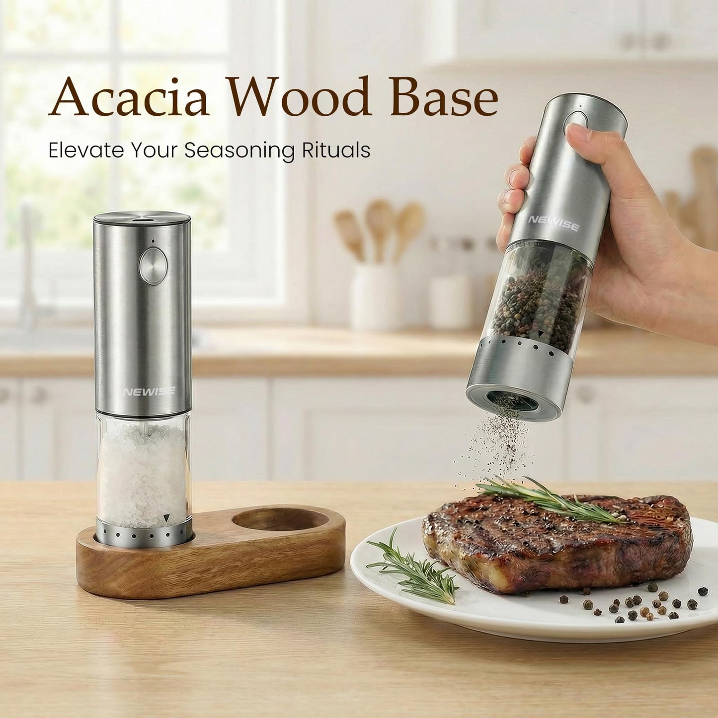 Electric Salt and Pepper Grinder Set - Acacia Wood Base, Rechargeable & Automatic Pepper Mill with LED Lights, Adjustable Coarseness, 95ml Large Capacity for Kitchen