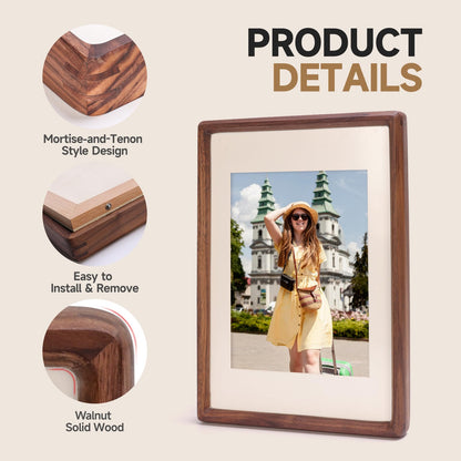 3Liangthings Solid Walnut Picture Frame 4x6 5x7, Solid Wood Tabletop Photo Frame with Decorative Joinery Corners, Horizontal or Vertical Display (Walnut, For 4x6 / 5x7 Photo)