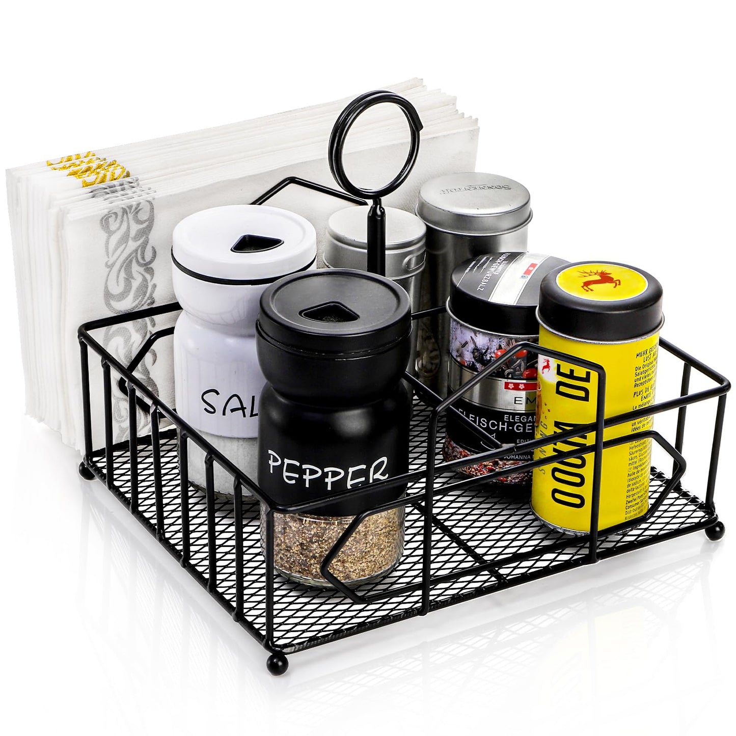 ZOOFOX Metal Napkin Holder with Salt and Pepper Shakers, 2-in-1 Condiment Holder for Table, 4 Compartment Restaurant Wrought Iron Condiment Rack for Party, Camping, Picnic