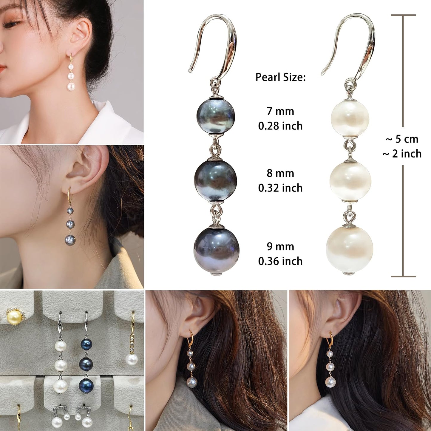 Alevel Long Tassel 925 Sterling Silver Ear Hook, Natural Freshwater Cultured Pearl Earrings, 7-9mm Round Dyed Black Pearls