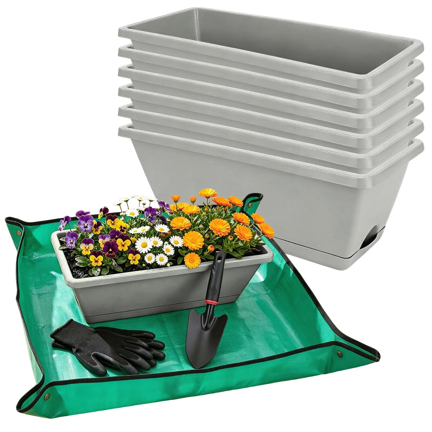 7 Pack Outdoor Planters, Plastic Rectangular Flower Pots with Saucers and Gardening Tools, 17 Inches for Indoor/Outdoor Plants, Herbs, Vegetables, Includes Trowel, Waterproof Mat & Gloves(Offwhite)