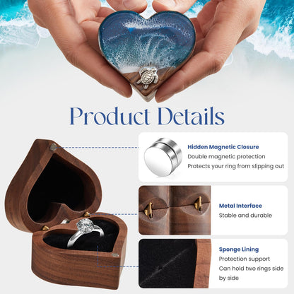 SAMAH Ocean Resin Heart Engagement Ring Box, Birthday Gifts for Women Mom, Personalized Walnut Wooden Ring Box, Ring Display Box for Proposal, Wedding, Anniversary, Valentine's Day, Mothers Day Gifts