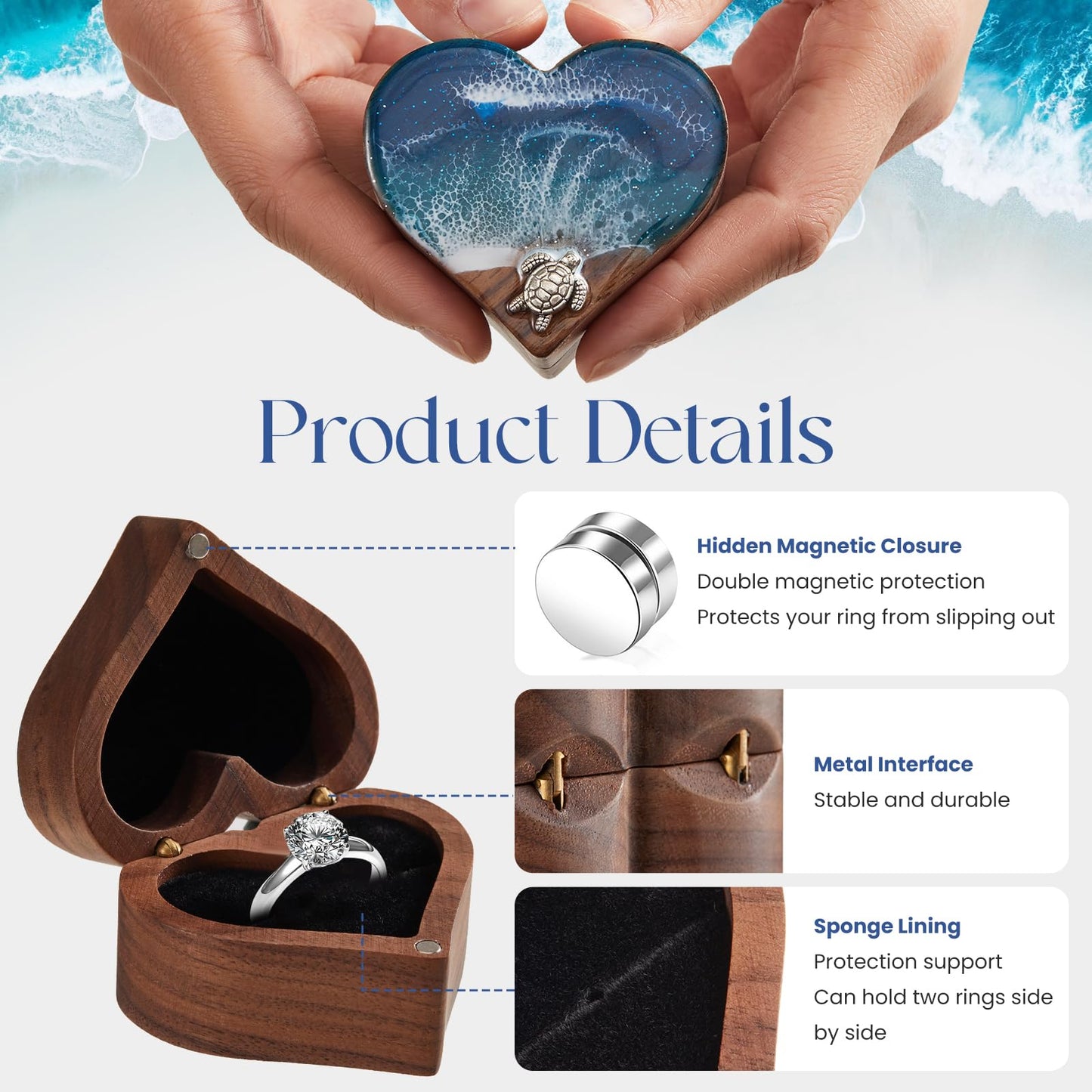 SAMAH Ocean Resin Heart Engagement Ring Box, Personalized Walnut Wooden Ring Box, Ring Display Box for Proposal, Wedding, Anniversary, Valentine's Day, Christmas, Birthday Gifts for Women