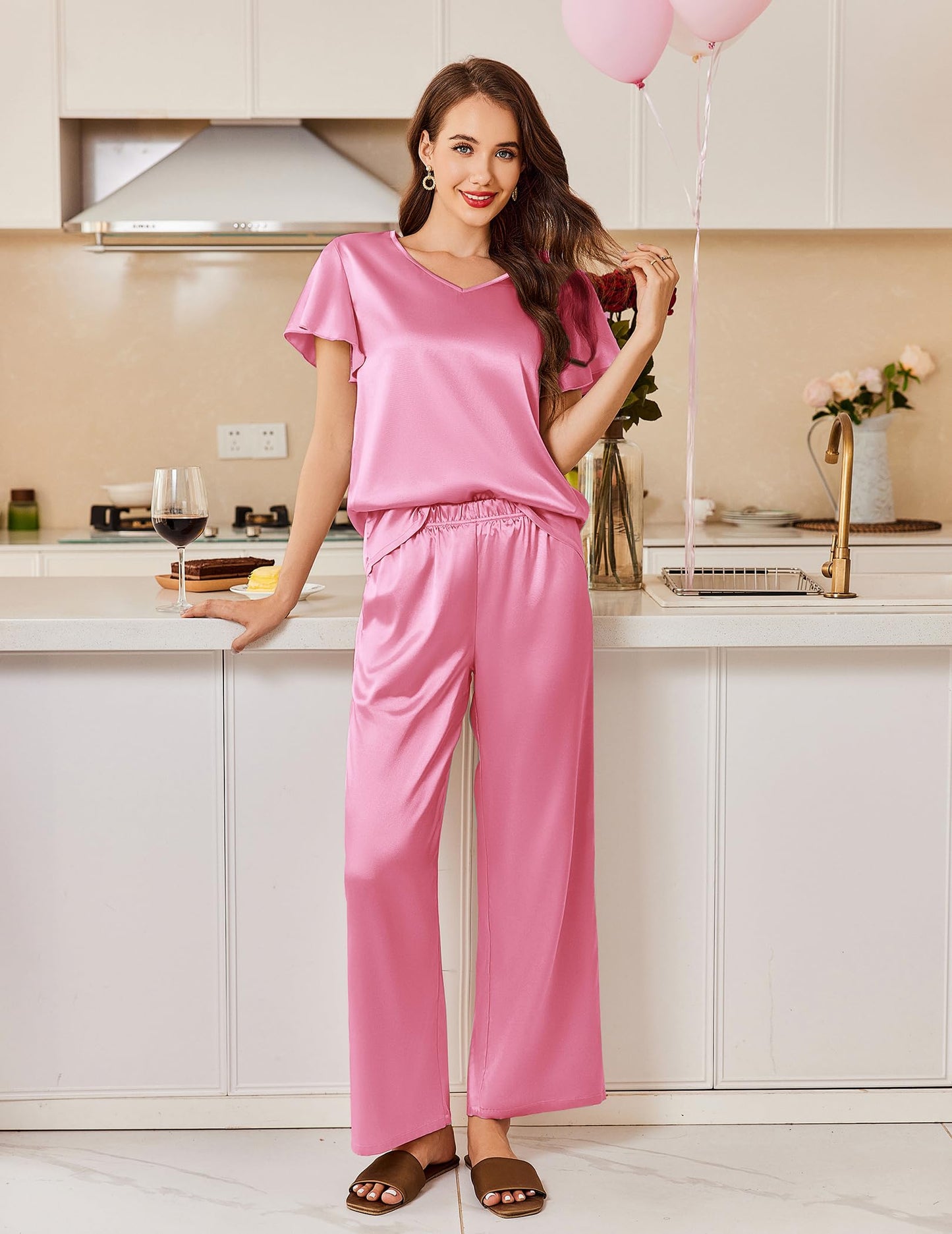 Ekouaer Women's Satin Silky Pajama Set 2 Piece Short Sleeve Shirt with Long Pants Pjs Sets Soft PJ Loungewear S-XXL