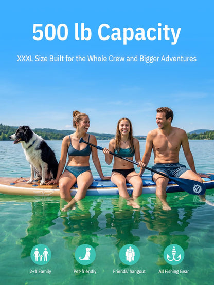 Niphean (Extra Large) Inflatable Paddle Board, SUP for 2+1 People/Family 500lbs Capacity Stand Up Paddle Board with SUP Accessories, StabilTrac Fin Non-Slip Paddleboard for Adults-Woven Wood
