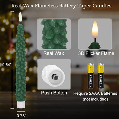 KunSwenn Christmas Tree Candles Battery Operated, 4 Pack Christmas Taper Candles with Remote Timer, Green Real Wax LED Flameless Candlesticks for Home Window Fireplace Holiday Decor(0.78” x 9.64”)