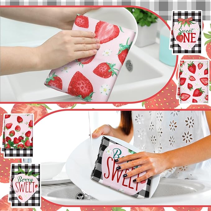 Bencailor 4 Pcs Strawberry Kitchen Towels Spring Berry Hand Dish Towels
