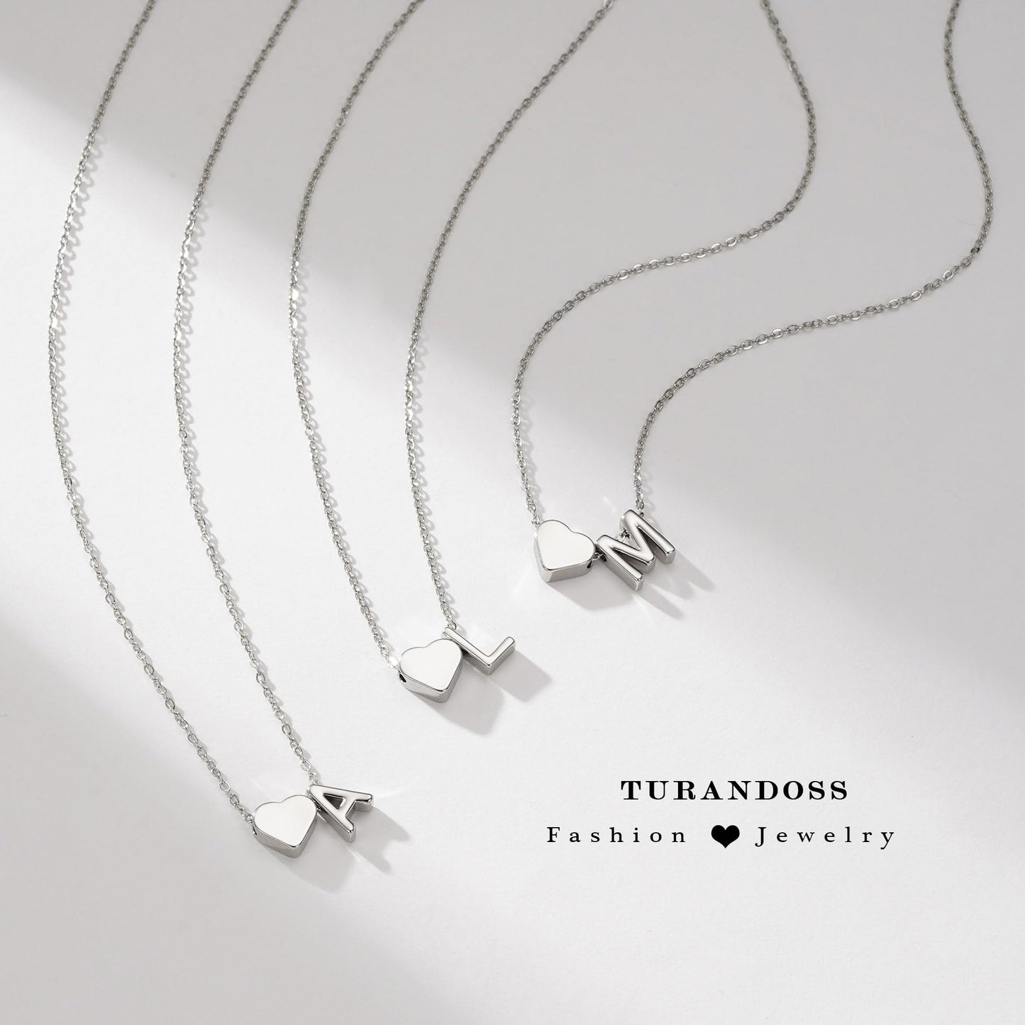 Turandoss Heart Initial Necklace for Women,18K White Gold Plated Heart Initial M Dainty Necklaces Tiny Silver Necklaces Birthday Gifts for Women Jewelry