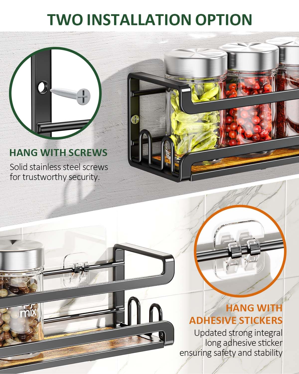 Doakhirmit Wall Mount Spice Rack, Black,4 Pack