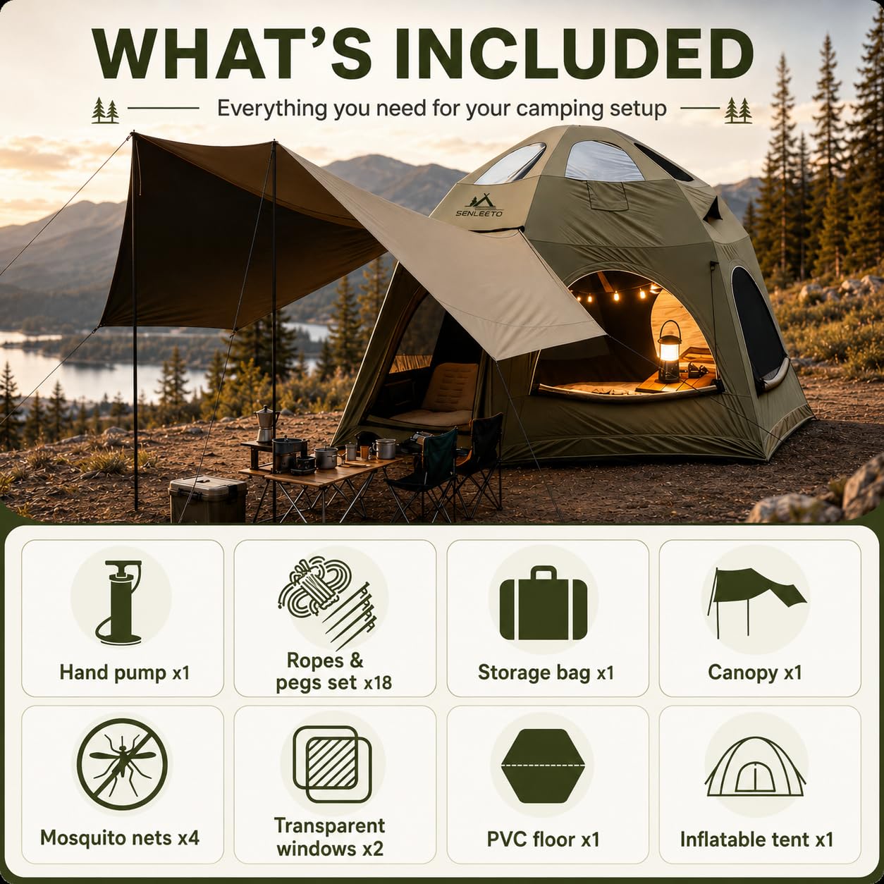 SENLEETO Inflatable Tents for Camping 6-8 People,174.81 Square Feets Igloo Tent, Inflatable Hot Tent with Stove Jack 4 Season Blow up Tents Waterproof Glamping