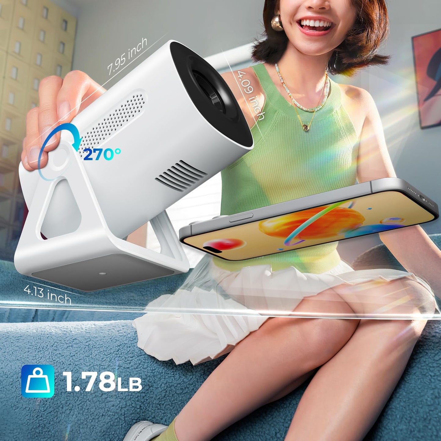 TransarJect Portable WiFi and Bluetooth Projector - 4K 1080P Supported Android Smart Mini Movie Projector, 270°Adjustable Stand Outdoor Home Star Projector with Ambient Light for Phone TV Stick Laptop