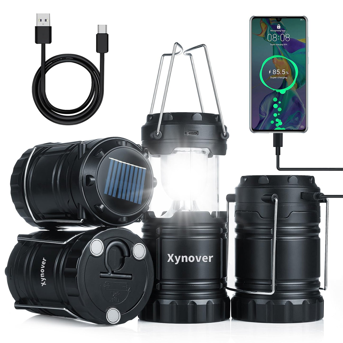 Xynover 4-Pack Solar Camping Lanterns - Rechargeable LED with USB/Solar/AA Battery | Magnetic Base & Hanging Hook | Collapsible, Waterproof for Emergency, Hiking, Power Outages