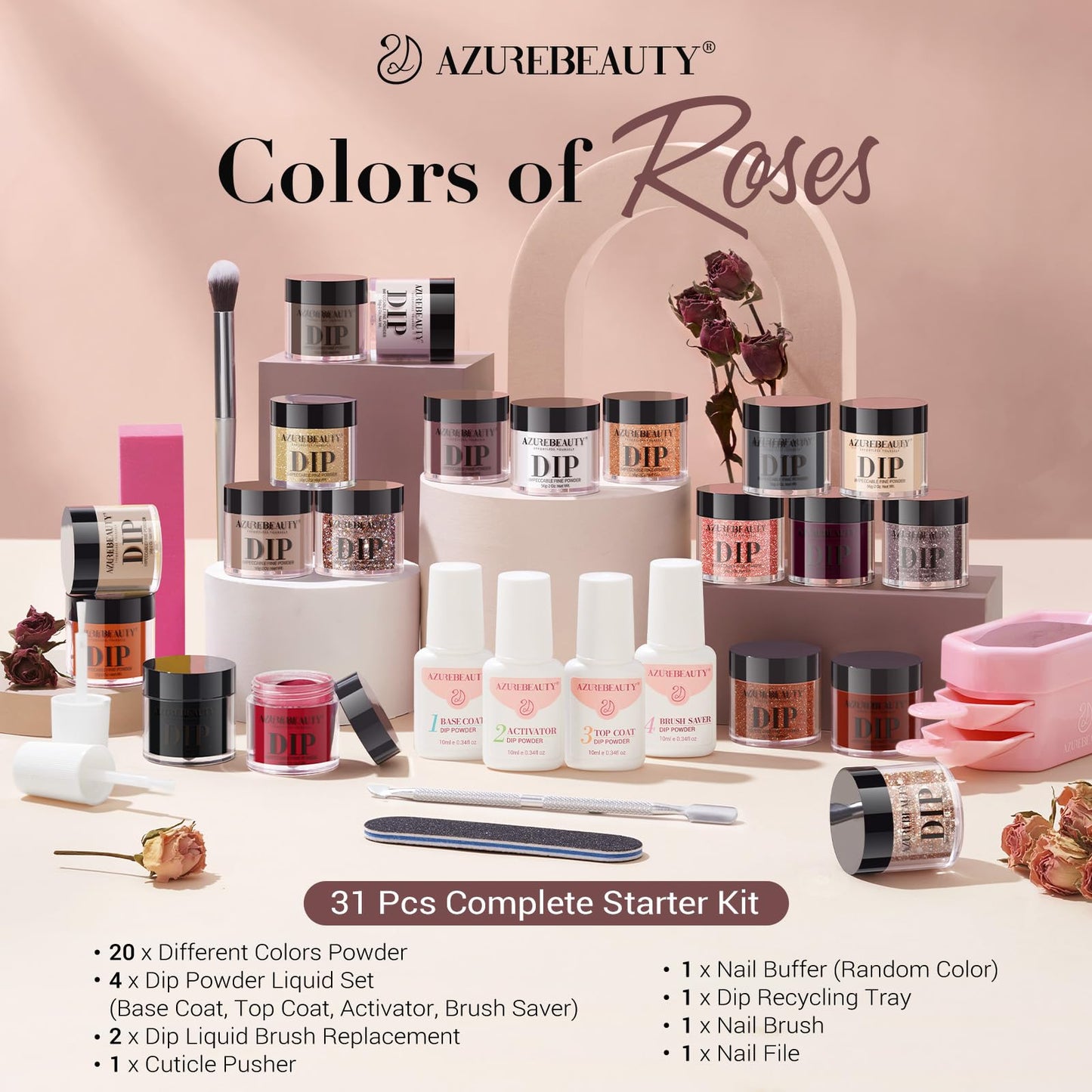 AZUREBEAUTY 31 Pcs Dip Powder Nail Kit 20 Colors Glitter Nude Brown Pink White Gray Dip Powder Liquid Set with Top/Base Coat Activator for French Nails Art Manicure DIY Salon Women Valentine's Gift