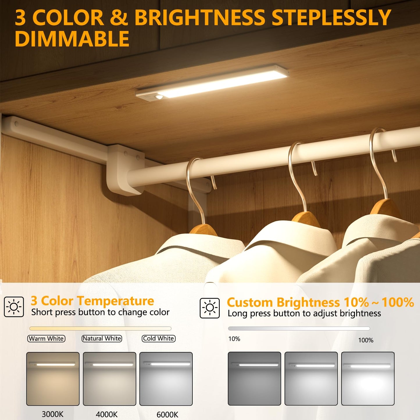 OUILA Under Cabinet Kitchen Lights, 64 LED [2 Pack] 3 Color Stepless Dimming Motion Sensor Lights Indoor, 1000mAh USB-C Rechargeable LED Lights for Cupboard, Kitchen