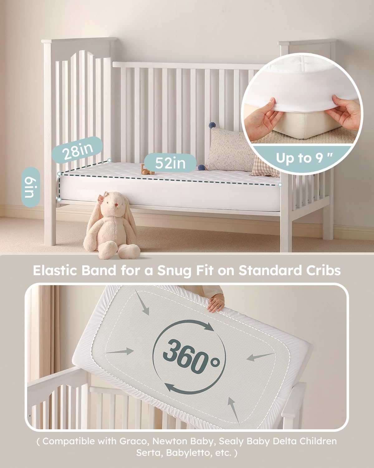 Yoofoss Waterproof Crib Mattress Protector, Quilted Crib Mattress Pad Cover Ultra Soft and Breathable, Machine Washable Toddler Mattress Protector for Standard Baby Crib Size 52''x28''