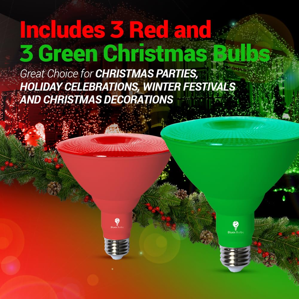 6 Pack BlueX LED Par38 Flood Green Red Light Bulb - 18W (120Watt Equivalent) - Dimmable - Green Red E26 LED Lights, Party Decoration, Porch, Home Christmess Lighting