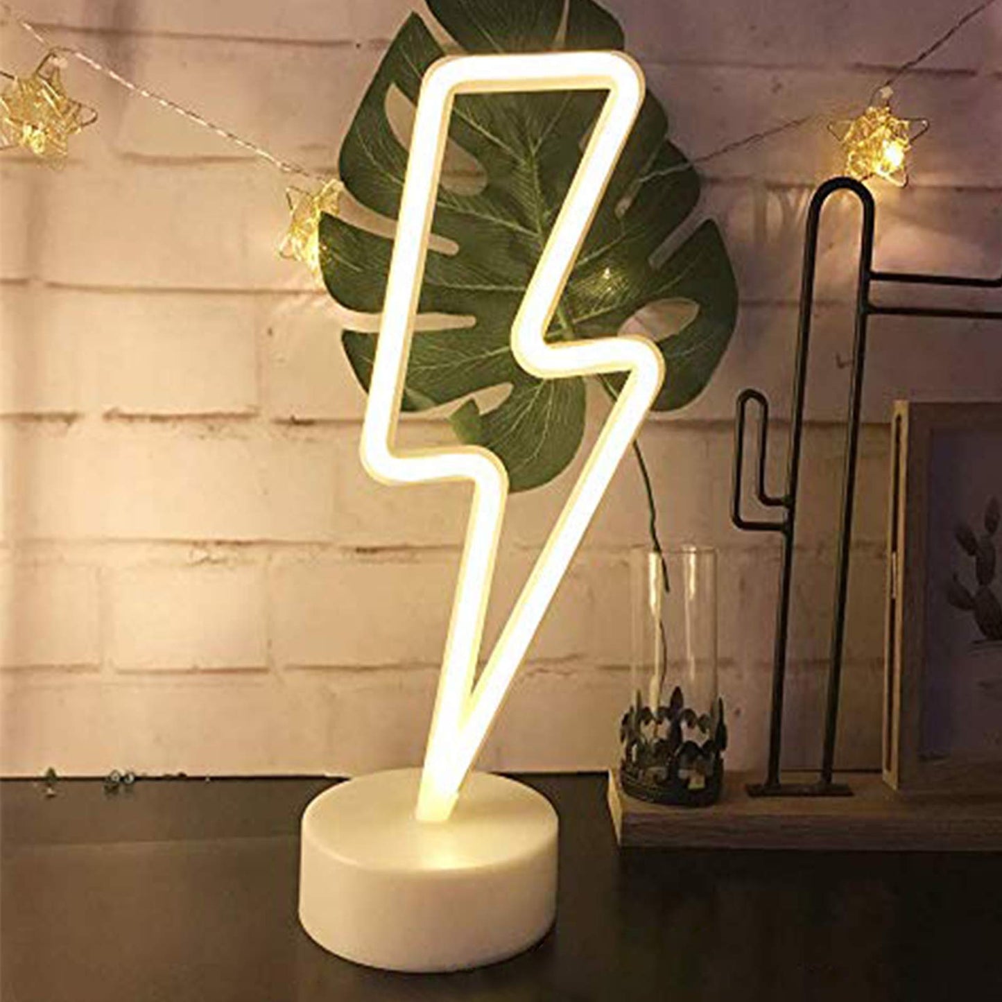 Warm White Lightning Neon Light Signs Lightning LED Lamps Lights Room Decor Battery/USB Operation Night Lights with Base Neon Light up Bar Bedroom Party Christmas