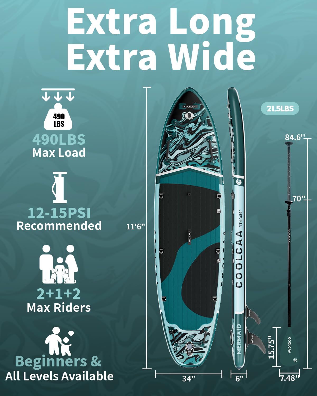 COOLCAA Mermaid 11'6" Inflatable Stand-Up Paddle Board, 490Lbs Capacity SUP Board with 34'' Extra Wide, Fishing Paddleboard with Accessories & Bag for Adults Youth (Phantom Stream)