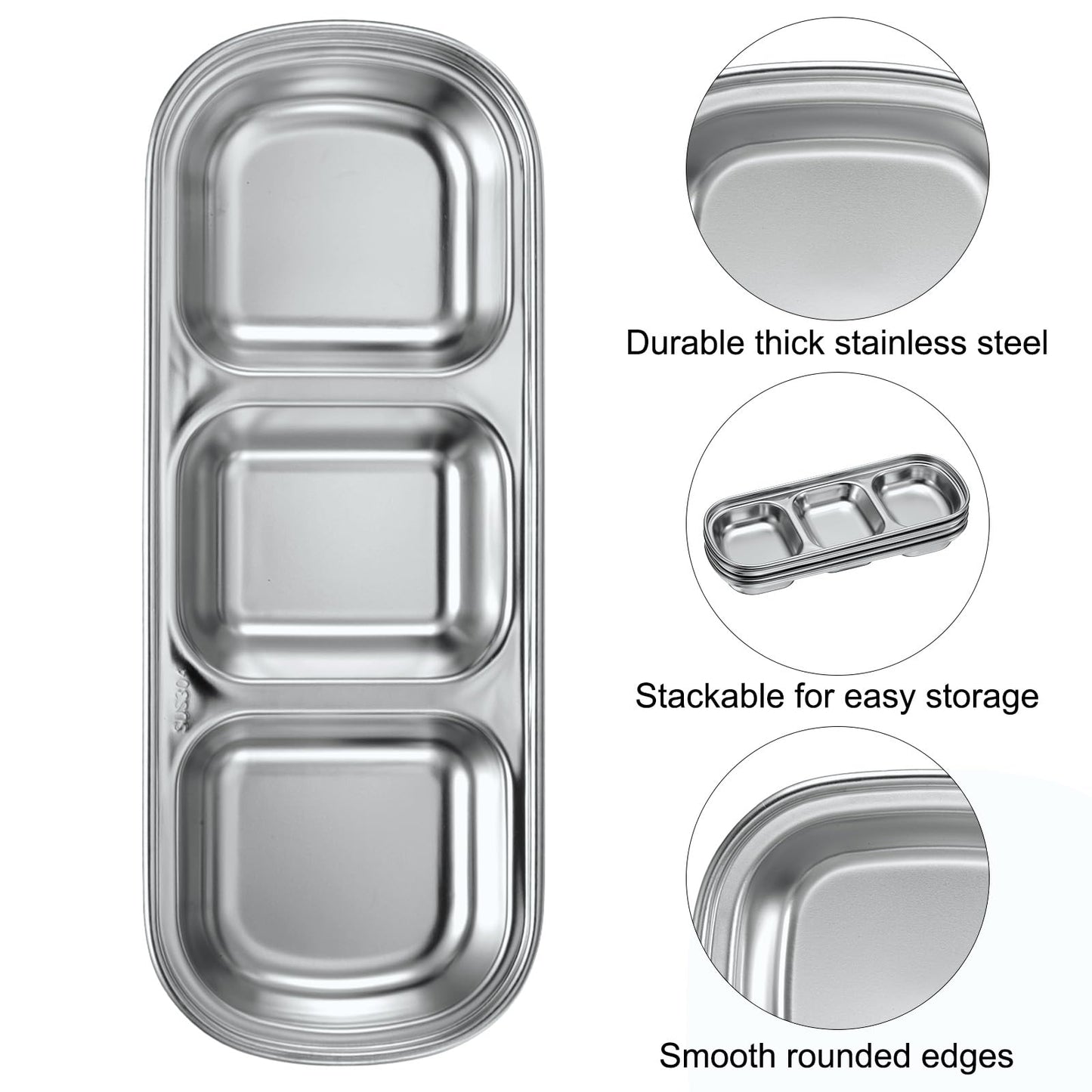 uxcell 4 Pack Stainless Steel Dish Dipping Bowls with Rectangular Compartment Divided, Metal Seasoning Plate Dipping Bowl for Condiment Home Party Restaurant Picnic Travel, Silver