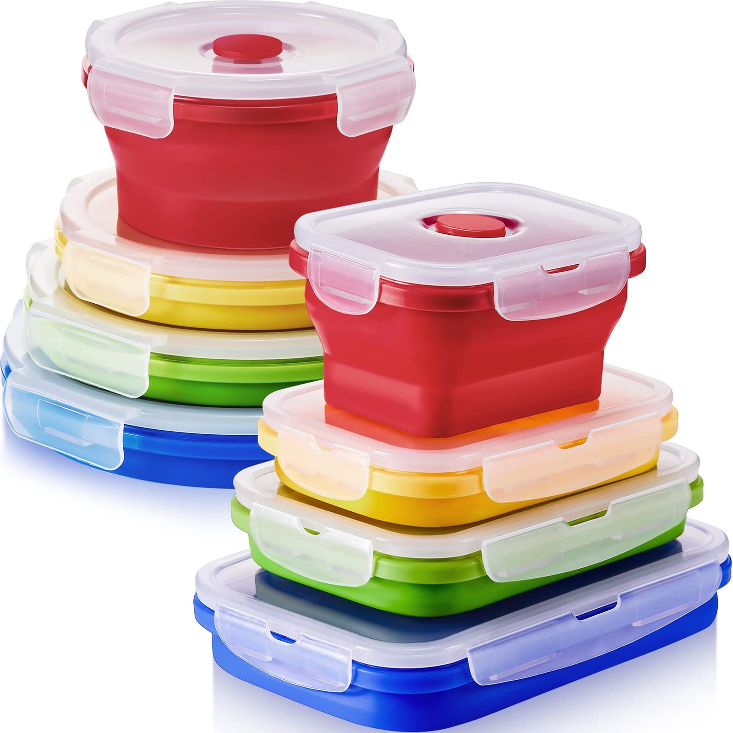 Zopeal 8 Pcs Collapsible Food Storage Containers Foldable Silicone Lunch Containers with Lids 4 Silicone Rectangle Collapsible Bowls and 4 Round Food Bowls Microwave Freezer Dishwasher Safe (Blue)