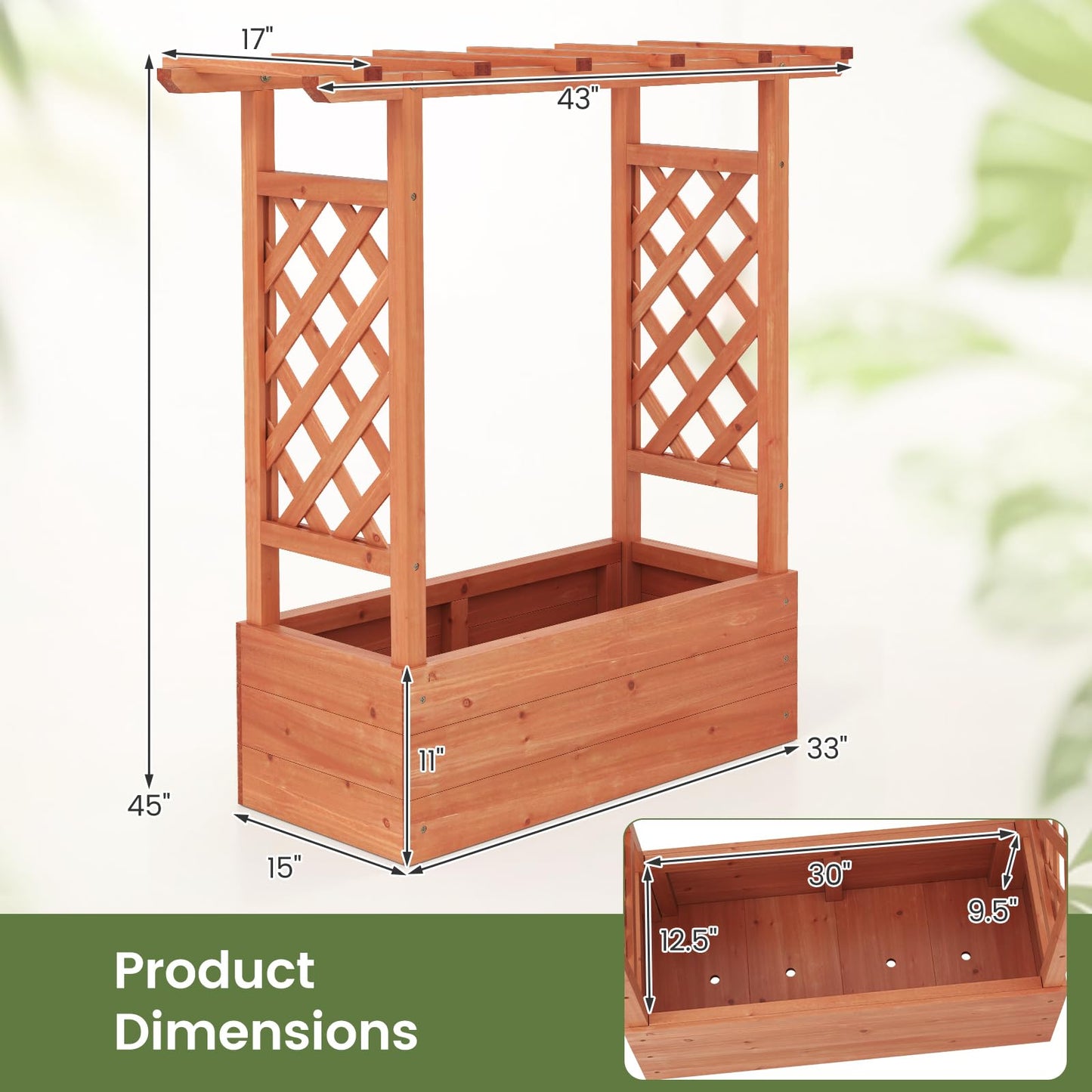 Giantex Set of 2 Raised Garden Bed with 2-Sided Trellis & Hanging Roof, Fir Wood Planter Box w/Drainage Holes, Freestanding Garden Planter for Flowers Herbs Climbing Vines (43"x15"x45")