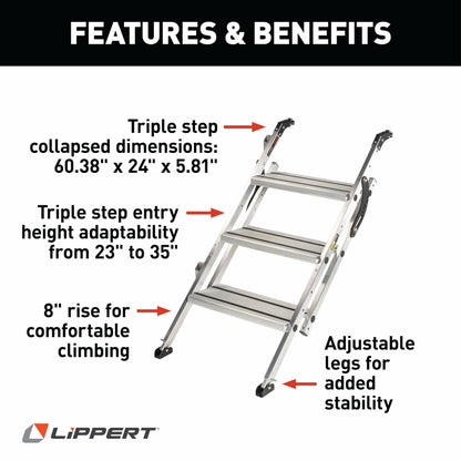 Lippert Victory Step Triple RV Steps for Toy Hauler Patio Systems with Entry Assist Handrail, 300-lb. Weight Capacity, 8" Rise, Anti-Slip Treads, Adjustable Legs/Step Pitch, Easy Storage - 2023024500