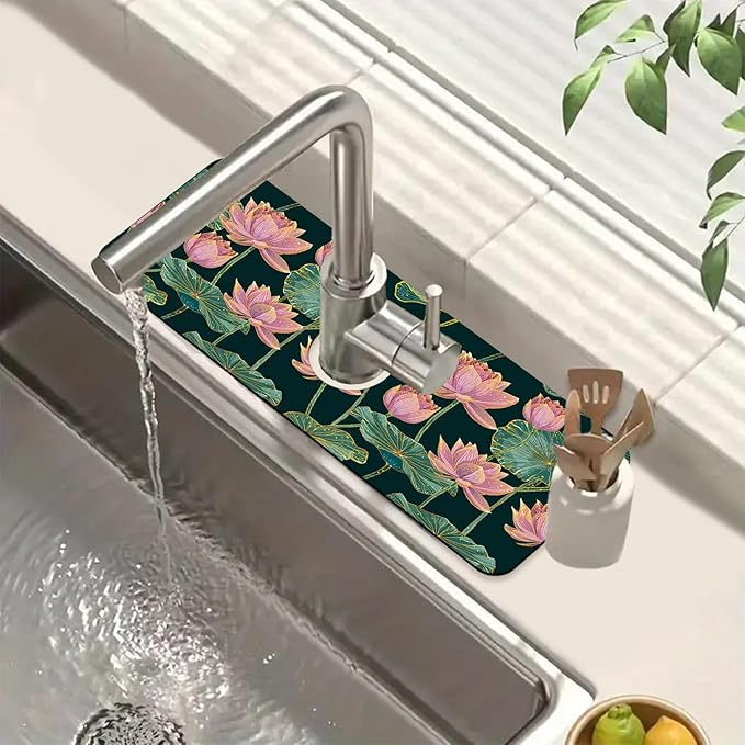 Lotus Pond Pattern Sink Splash Guard Faucet Mat Lotus Flowers Leaves Super