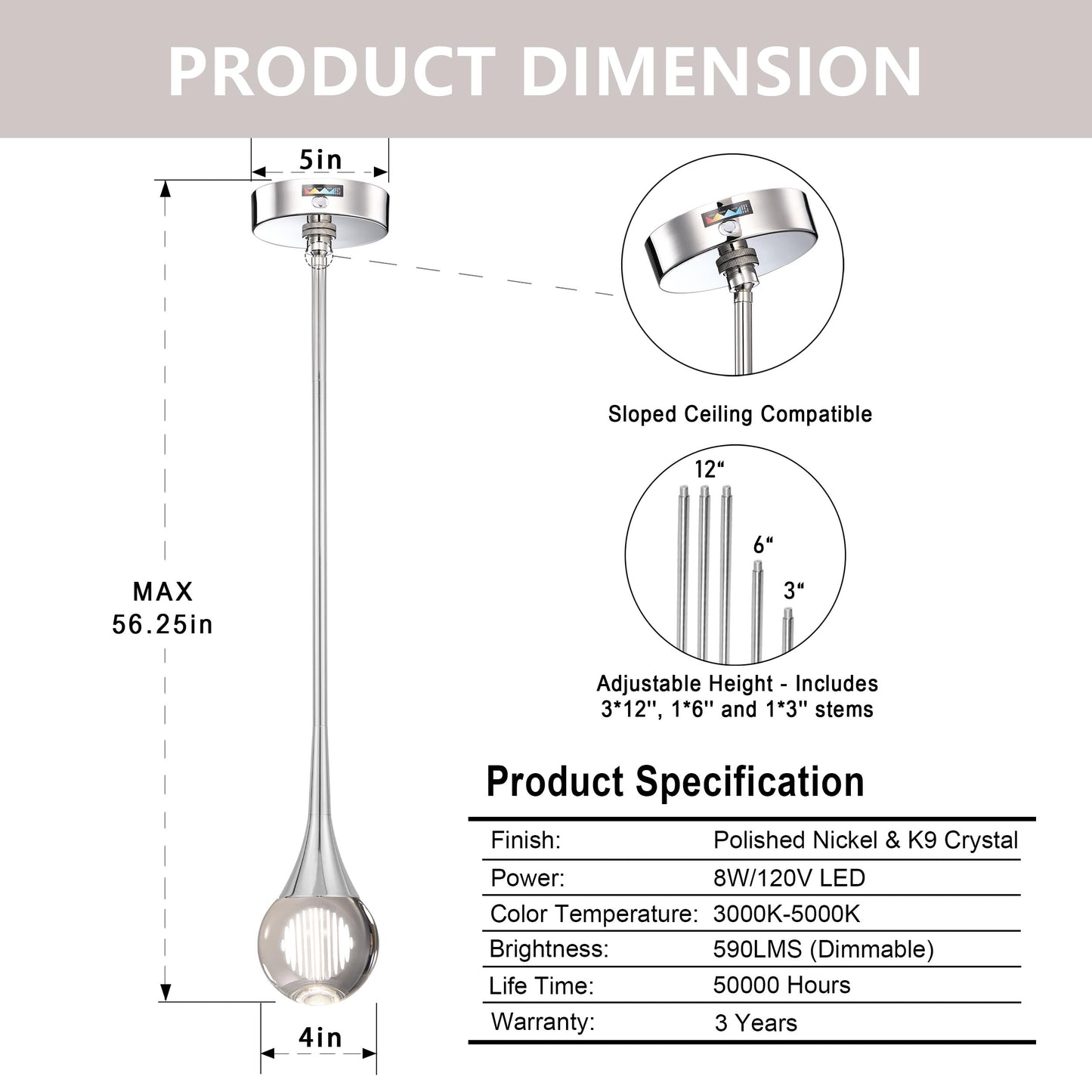 Untrammelife 1-Light Polished Nickel Crystal Teardrop Pendant Light, Mini Globe Hanging Pendant Light Fixtures, 8W 3 Color Temperature Dimmable LED Pendant Lights Kitchen Island, Bathroom, Bedroom