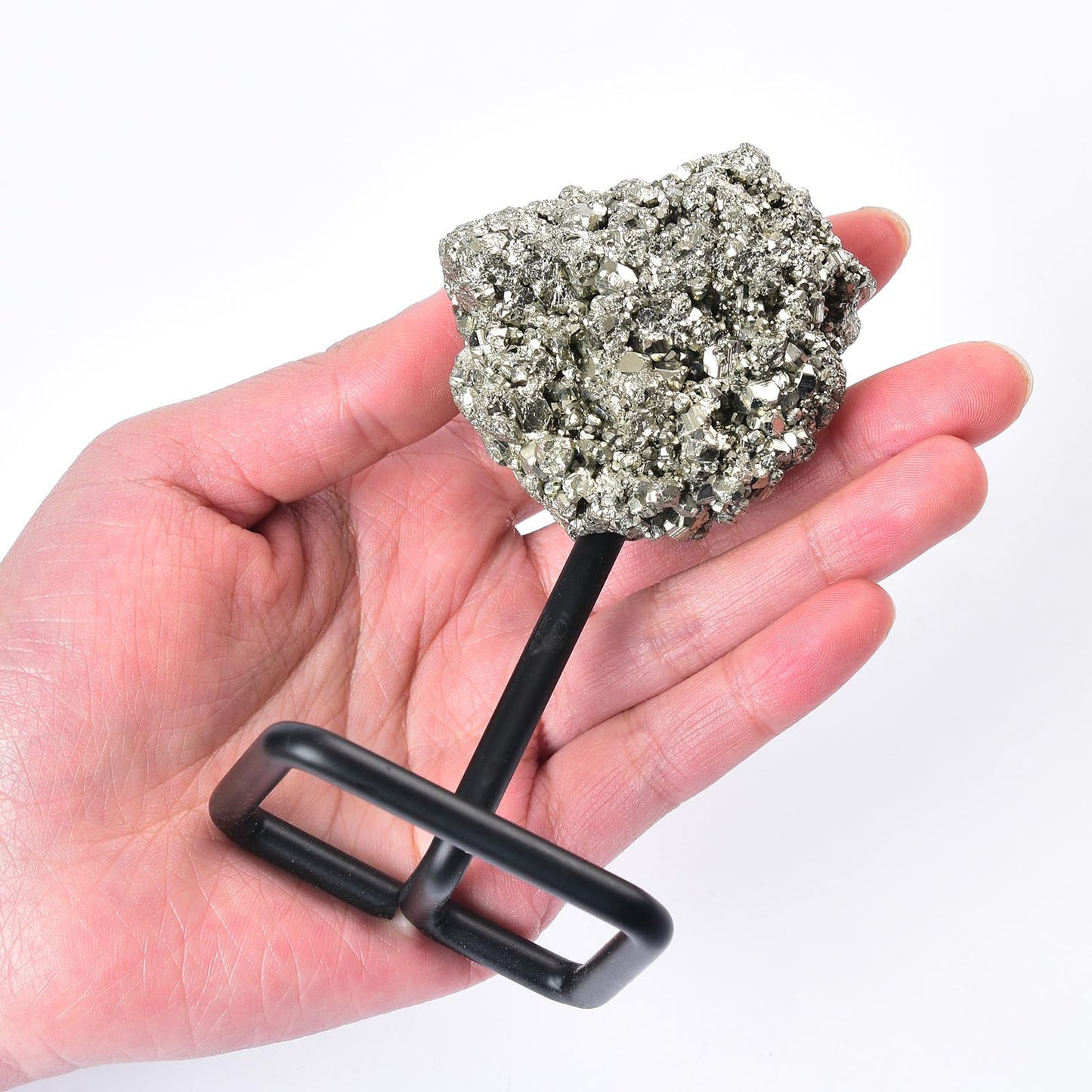 JIC Gem Natural Pyrite Crystal Stone on Metal Stand Raw Pyrite Cluster Fools Gold Reiki Healing Home Decor 300-400g