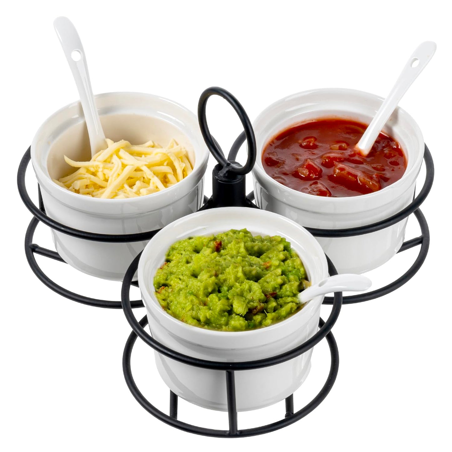 MyGift 10 Pc Set Ceramic Ramekin Condiment Dip Bowl with Lids and Spoons and Deluxe Modern Black Metal Wire Serving Rack for Sauces and Condiments