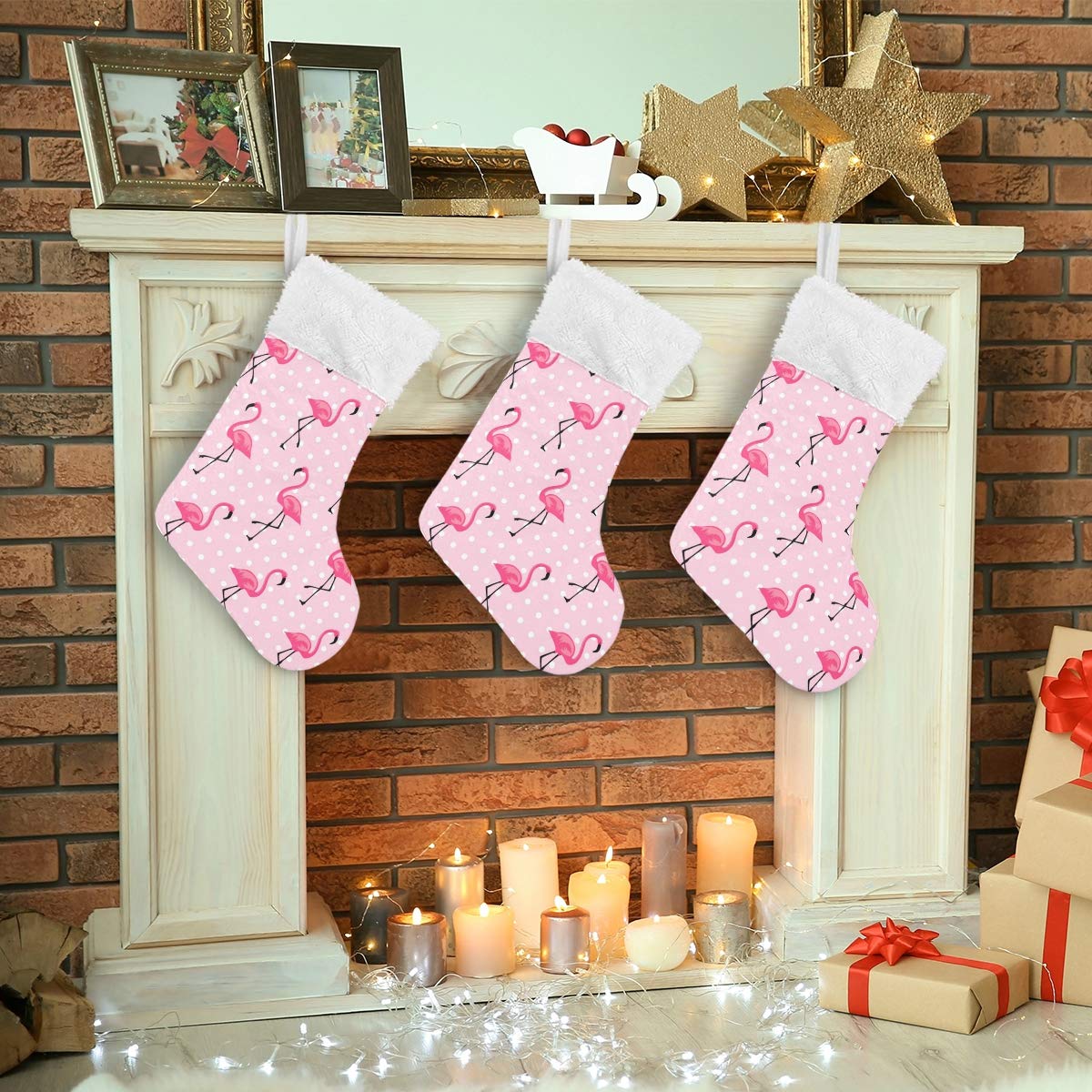 Blueangle White Dots Flamingo Christmas Stockings 17.7 Inch Gift Holders for Party Holiday Decorations Ornaments (1 Pack)